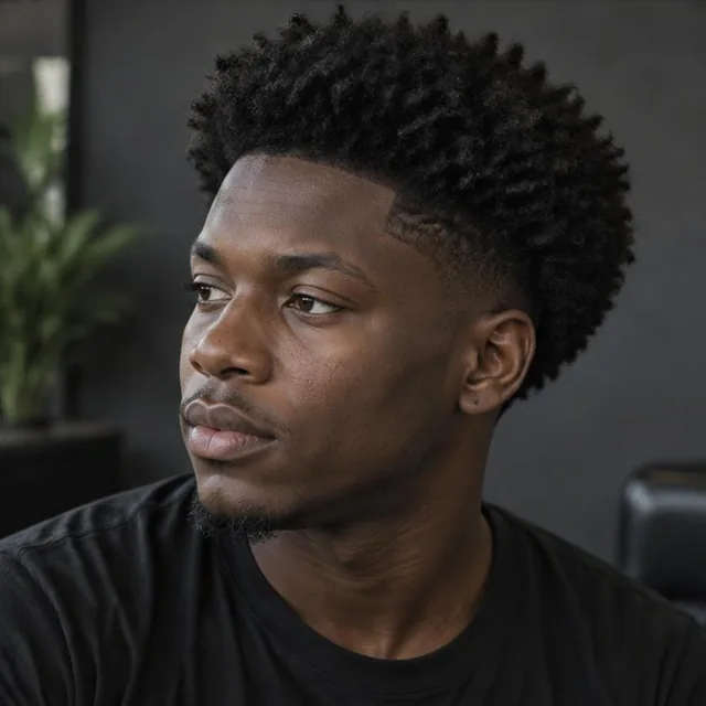 Illustrative portrait of a Black Ghanaian man with a shaped natural afro and tapered sides.
