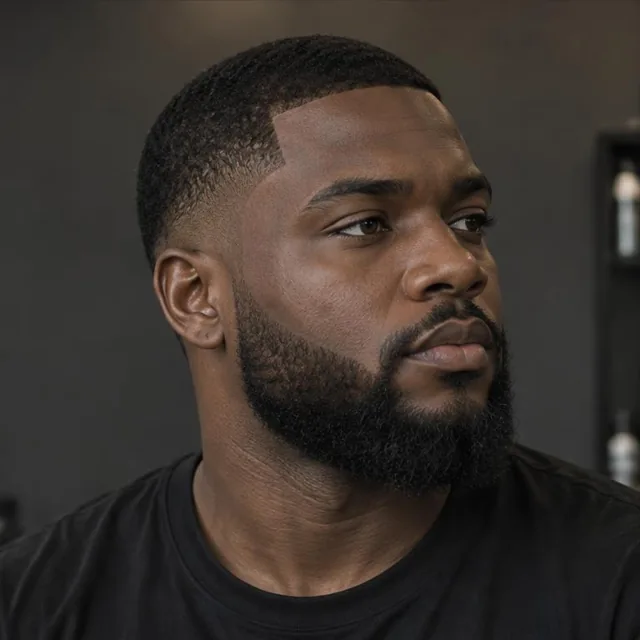 Illustrative portrait of a Black Ghanaian man with a full sculpted beard and clean line-up.