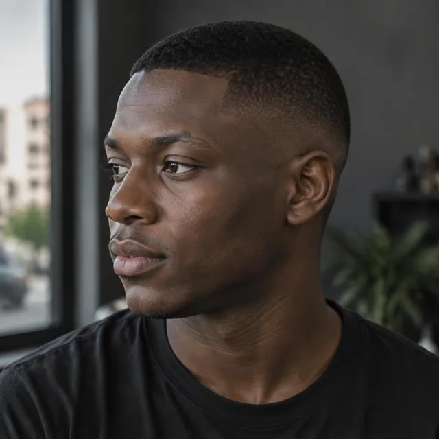 Illustrative portrait of a Black Ghanaian man with a low skin fade and precise hairline.