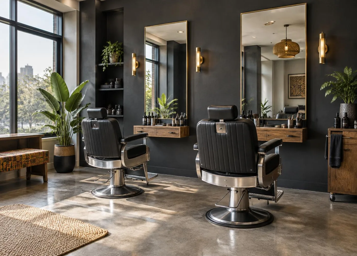 Illustrative Accra-inspired barbershop with black barber chairs, brass mirrors, natural daylight and Ghanaian textile accents.