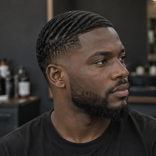 Illustrative portrait of a Black Ghanaian man with short waves, tapered sides and a lined beard.